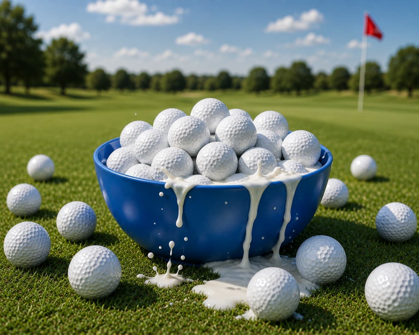 Bowl of golf balls with milk on a golf course