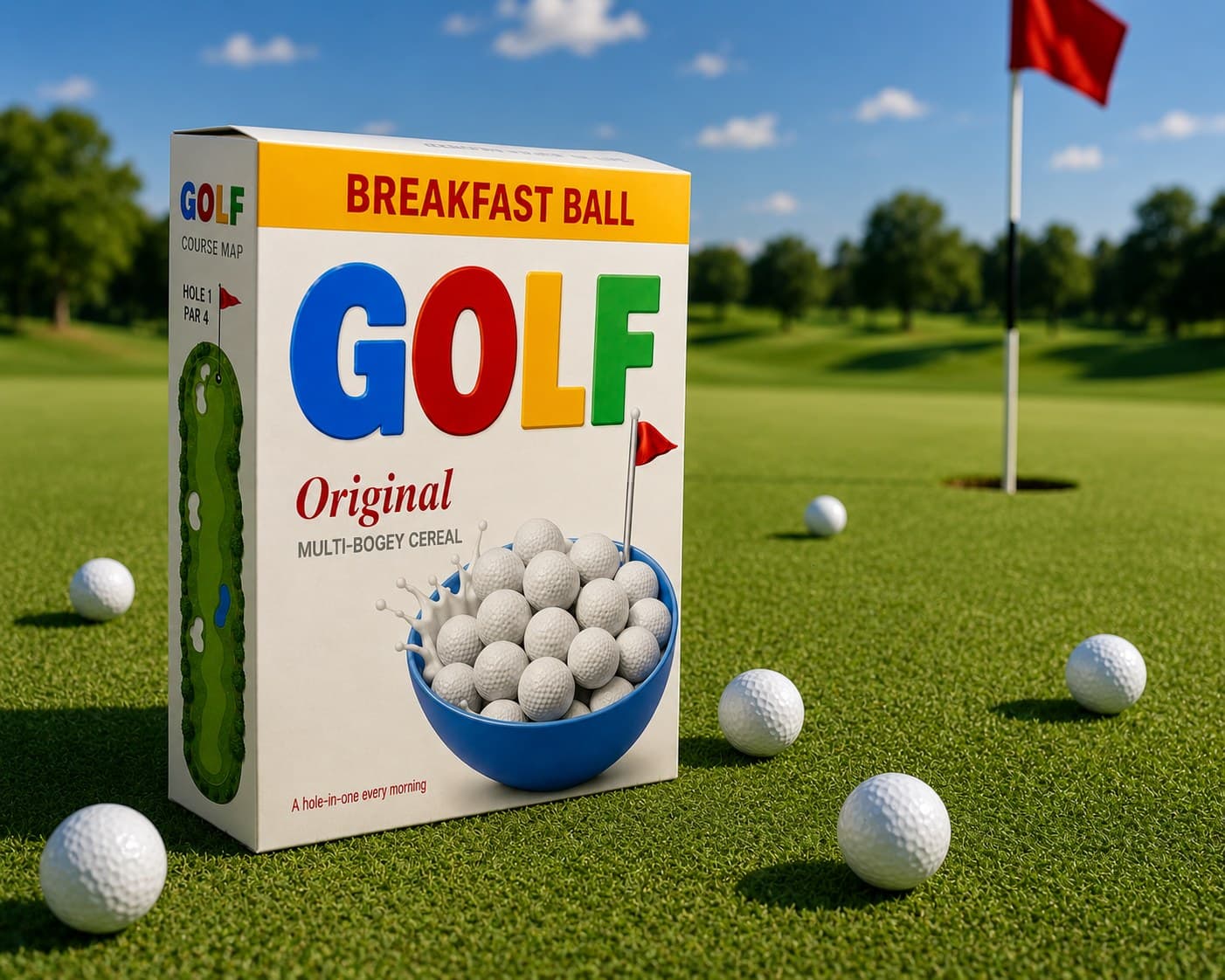 Golf Is Life Breakfast Ball cereal box on a putting green